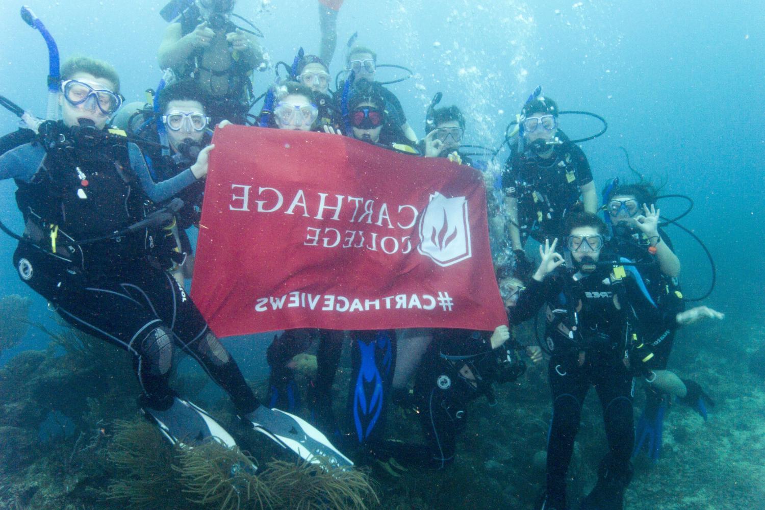 学生们手持<a href='http://adtk.ngskmc-eis.net'>博彩网址大全</a>旗帜，在j学期洪都拉斯游学之旅中潜水.
